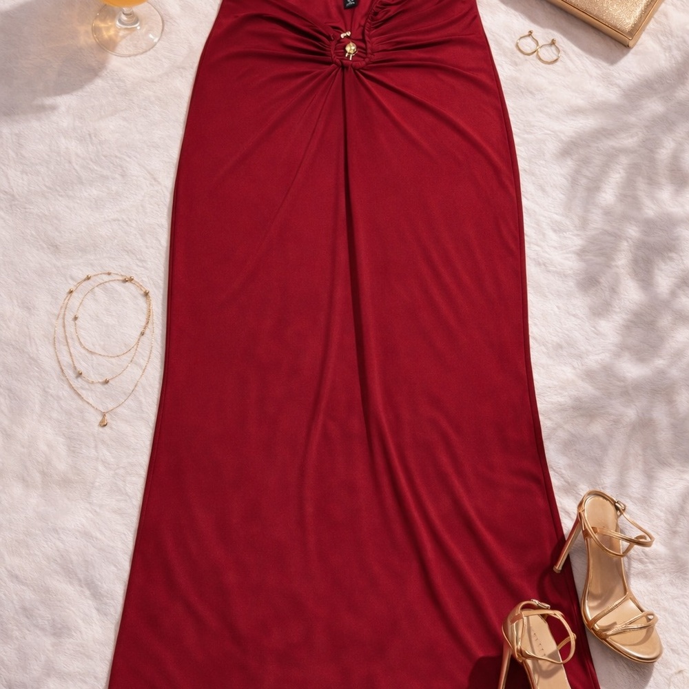 Burgundy Ruched Maxi Skirt XL Bodycon Stretch Gold Detail